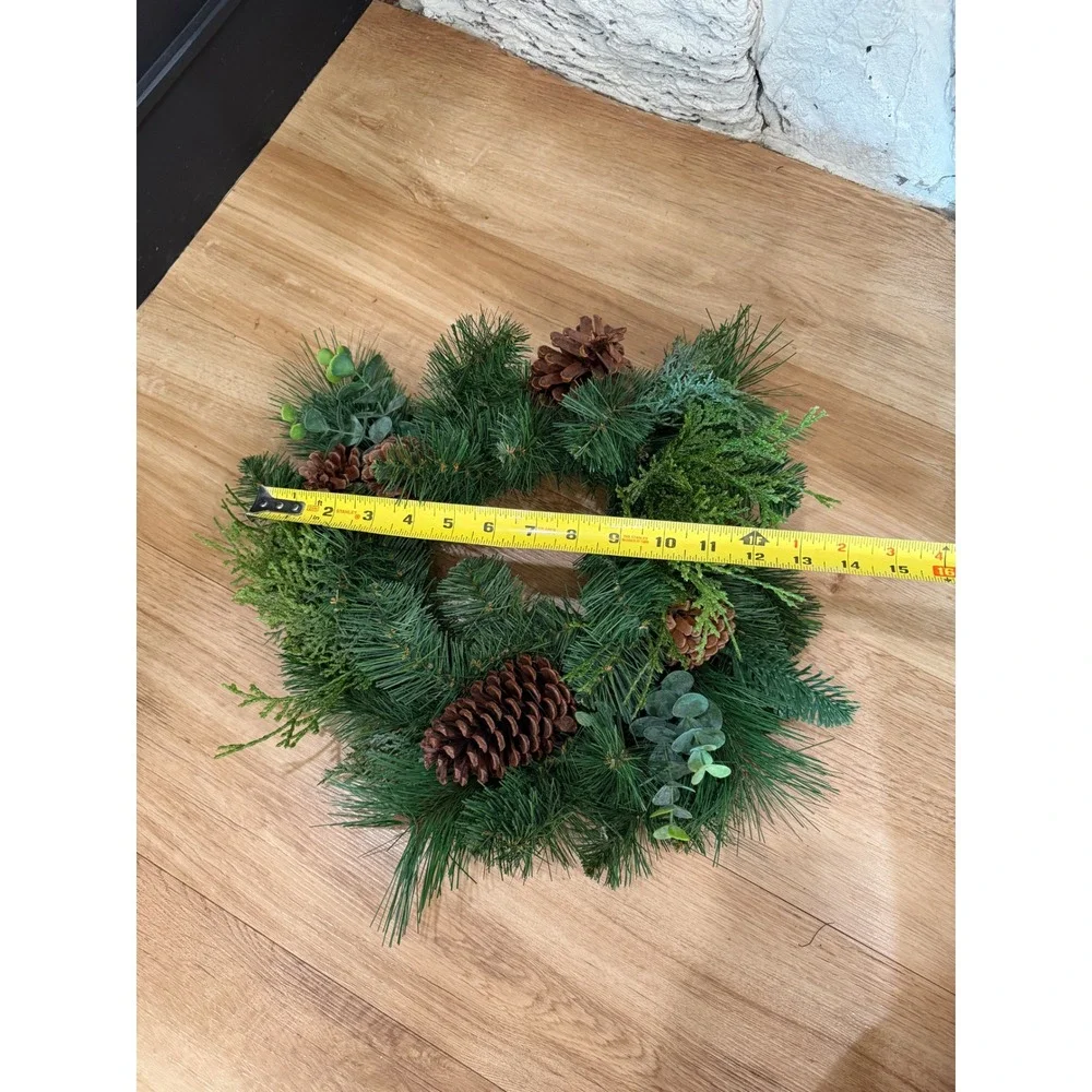 Faux Evergreen Christmas Wreath with Pinecones Eucalyptus and Cedar 14 Inch